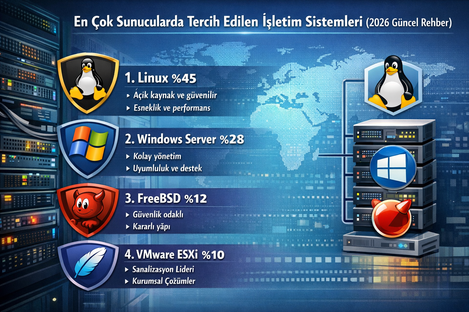 En Çok Sunucularda Tercih Edilen İşletim Sistemleri (2026 Güncel Rehber)